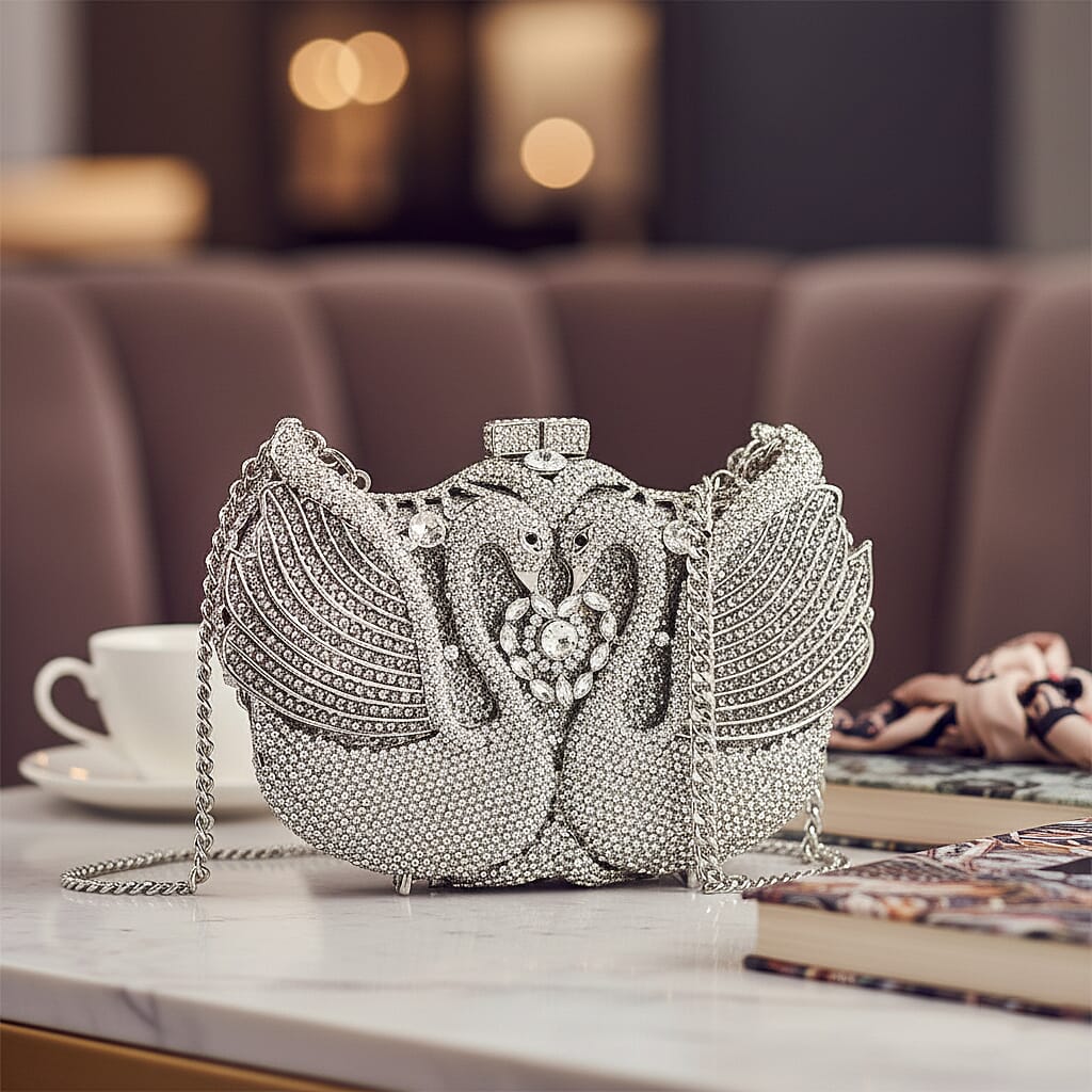 Crystellia Swan Pattern Premium Austrian Crystal Clutch Bag - Silver