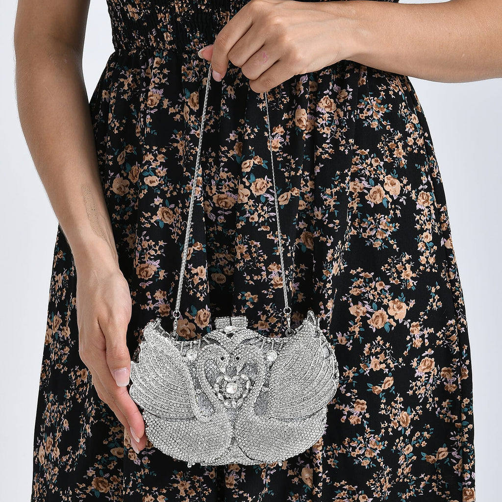 Crystellia Swan Pattern Premium Austrian Crystal Clutch Bag - Silver