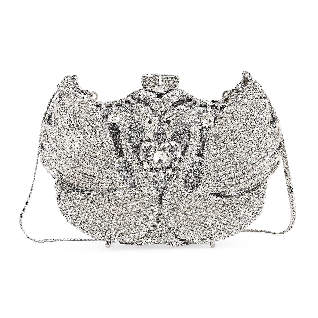 Crystellia Swan Pattern Premium Austrian Crystal Clutch Bag - Silver