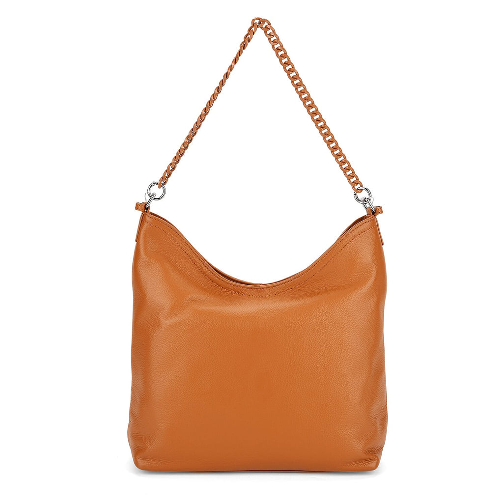 Genuine Leather Slouchy Shoulder Bag - Tan