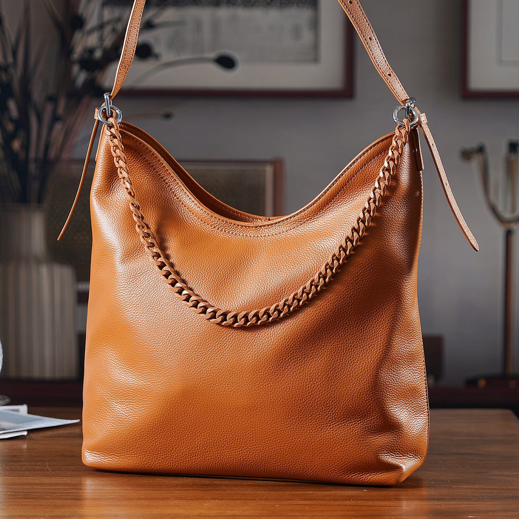 Genuine Leather Slouchy Shoulder Bag - Tan