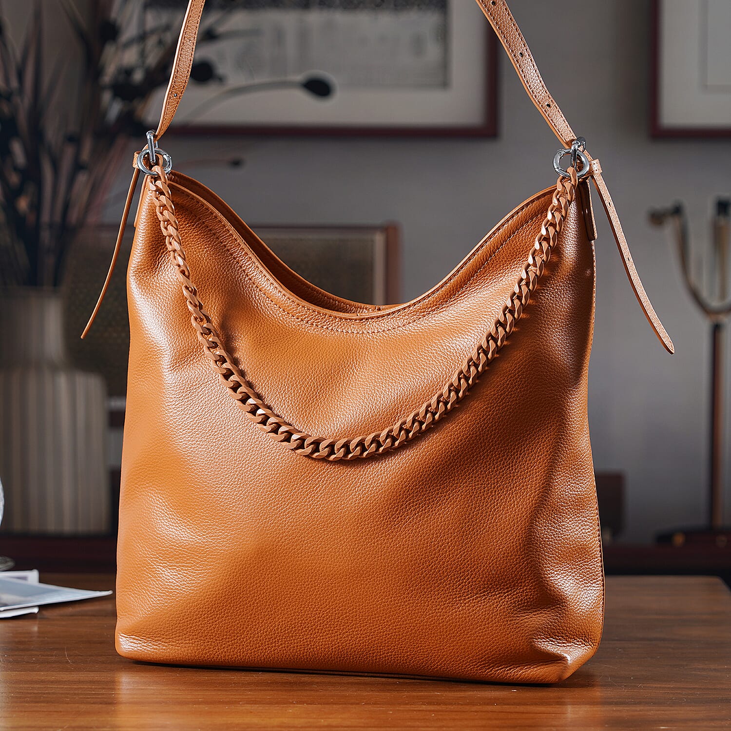 Genuine Leather Slouchy Shoulder Bag - Tan