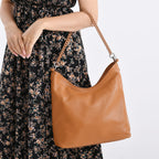 Genuine Leather Slouchy Shoulder Bag - Tan