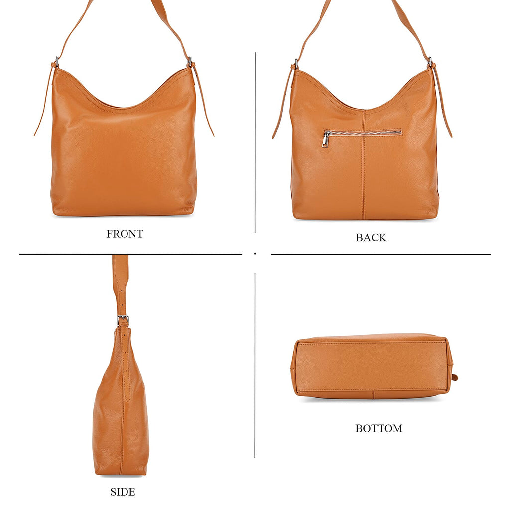 Genuine Leather Slouchy Shoulder Bag - Tan