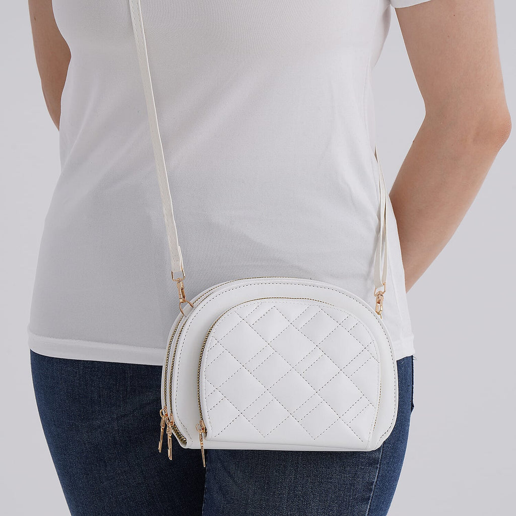 Leatherette Quilted Crossbody Bag with Log Strap - White