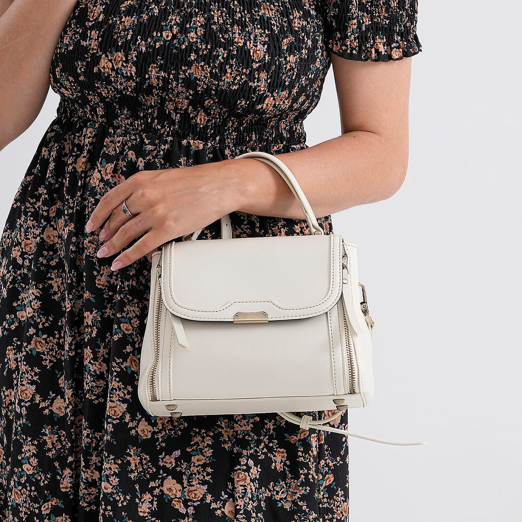 Genuine Leather Top Handle Satchel Bag with Adjustable Long Shoulder Straps - White