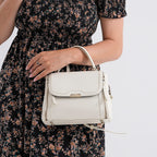 Genuine Leather Top Handle Satchel Bag with Adjustable Long Shoulder Straps - White