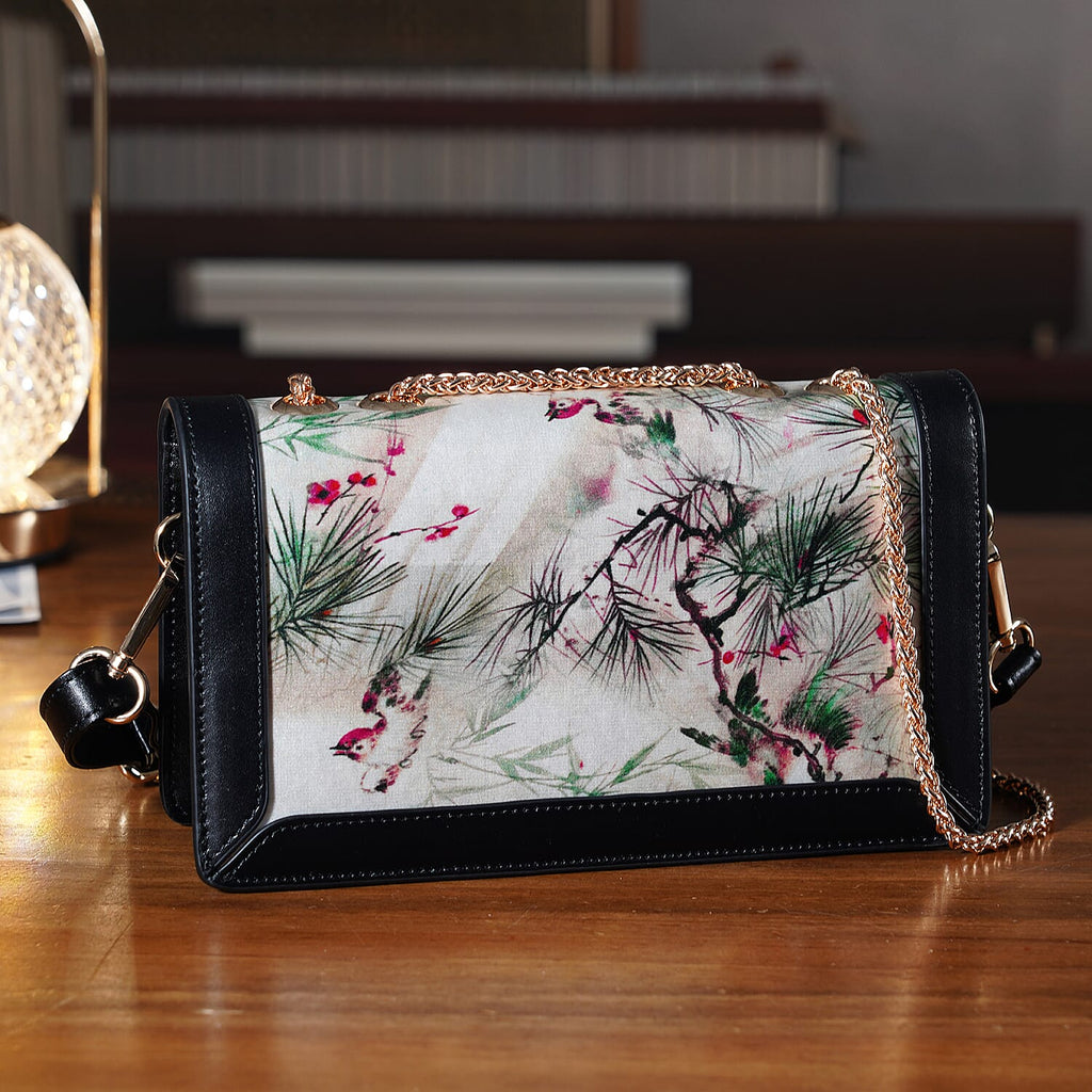 Where Artisans Give Silk a Soul - Limited Edition - Genuine Leather Crossbody Bag with Floral - Bird Mulberry Silk Art - White - Pink