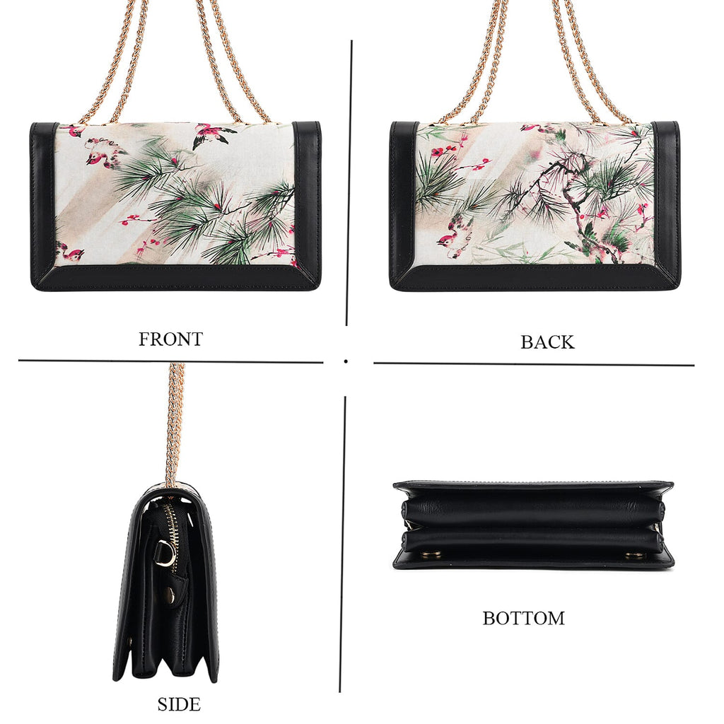 Where Artisans Give Silk a Soul - Limited Edition - Genuine Leather Crossbody Bag with Floral - Bird Mulberry Silk Art - White - Pink