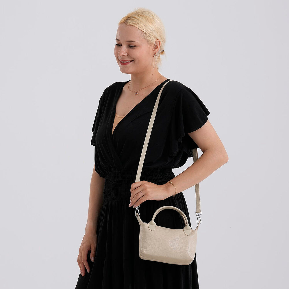 Designer Inspired Genuine Leather Mini Crossbody Bag with Top Handle - Cream