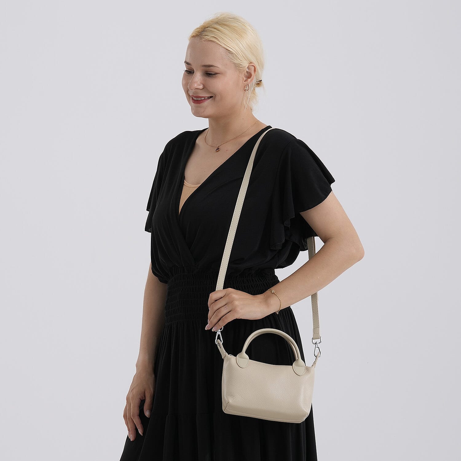 Designer Inspired Genuine Leather Mini Crossbody Bag with Top Handle - Cream