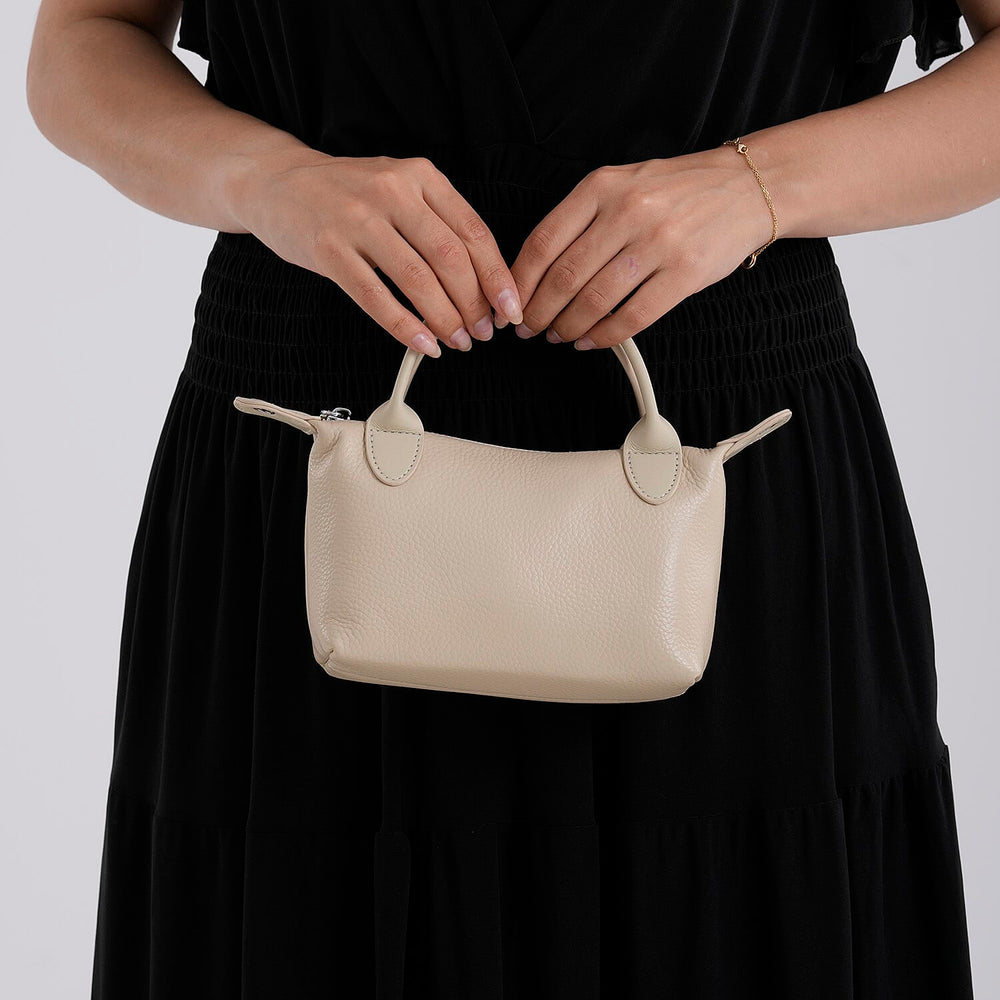 Designer Inspired Genuine Leather Mini Crossbody Bag with Top Handle - Cream