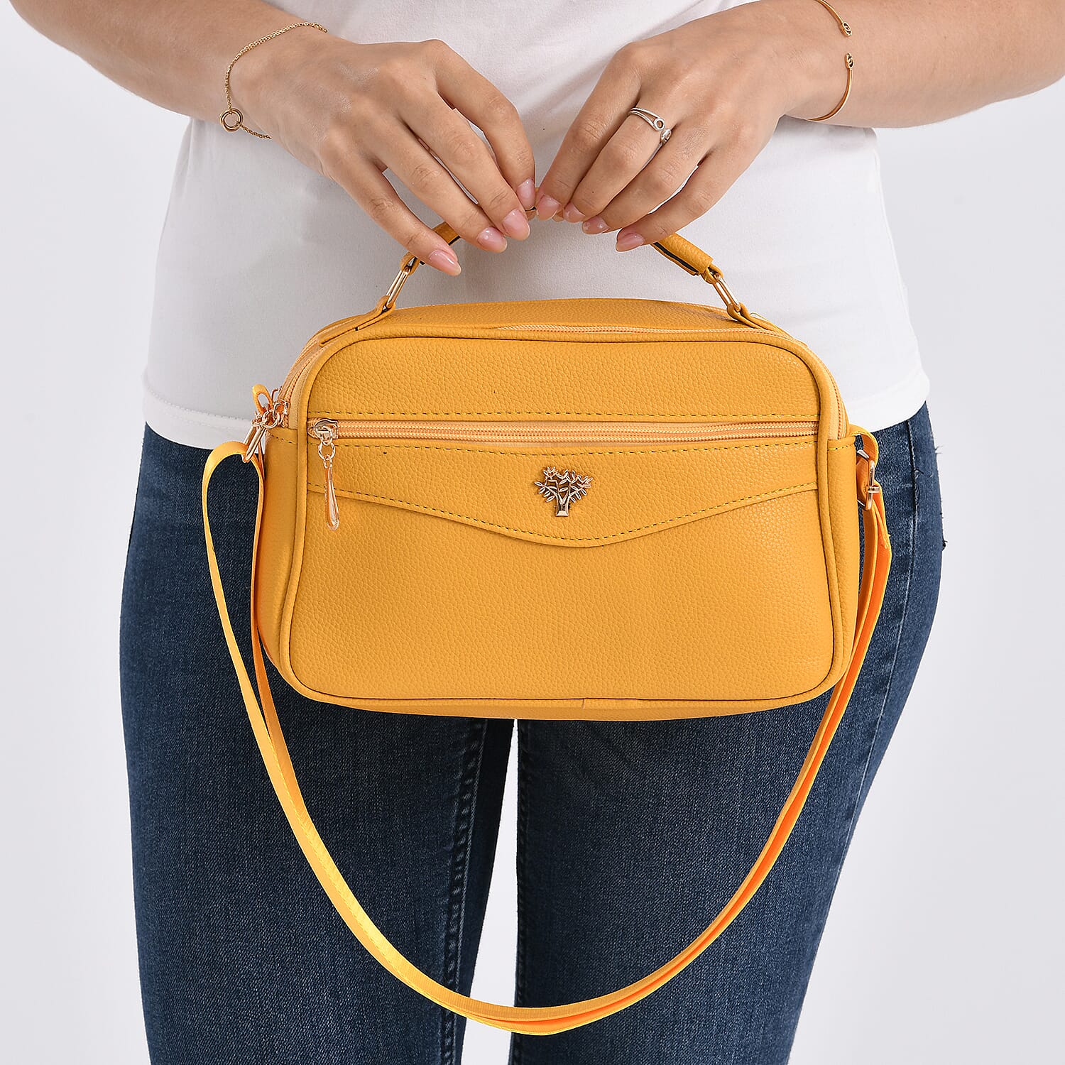 Boxy Shape Crossbody Bag with Top Handle - Yellow