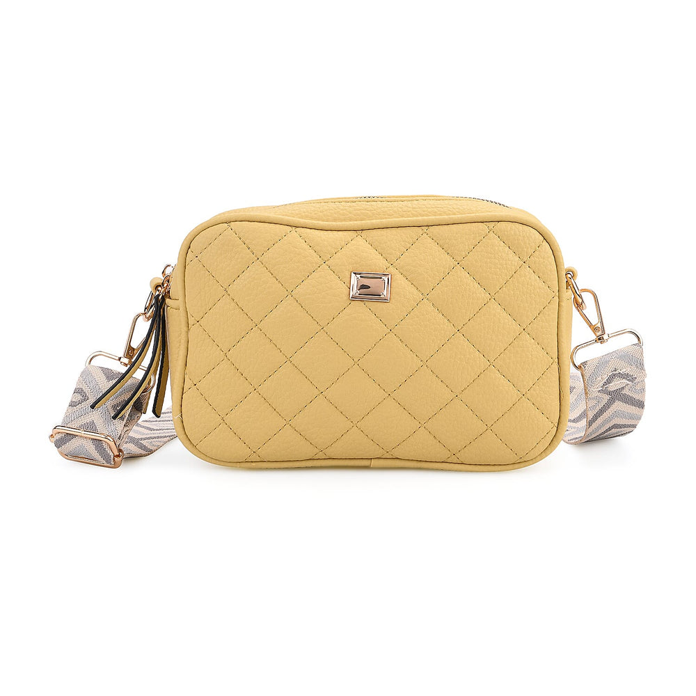 Stylish Quilted Crossbody Bag with Patterned Strap - Yellow