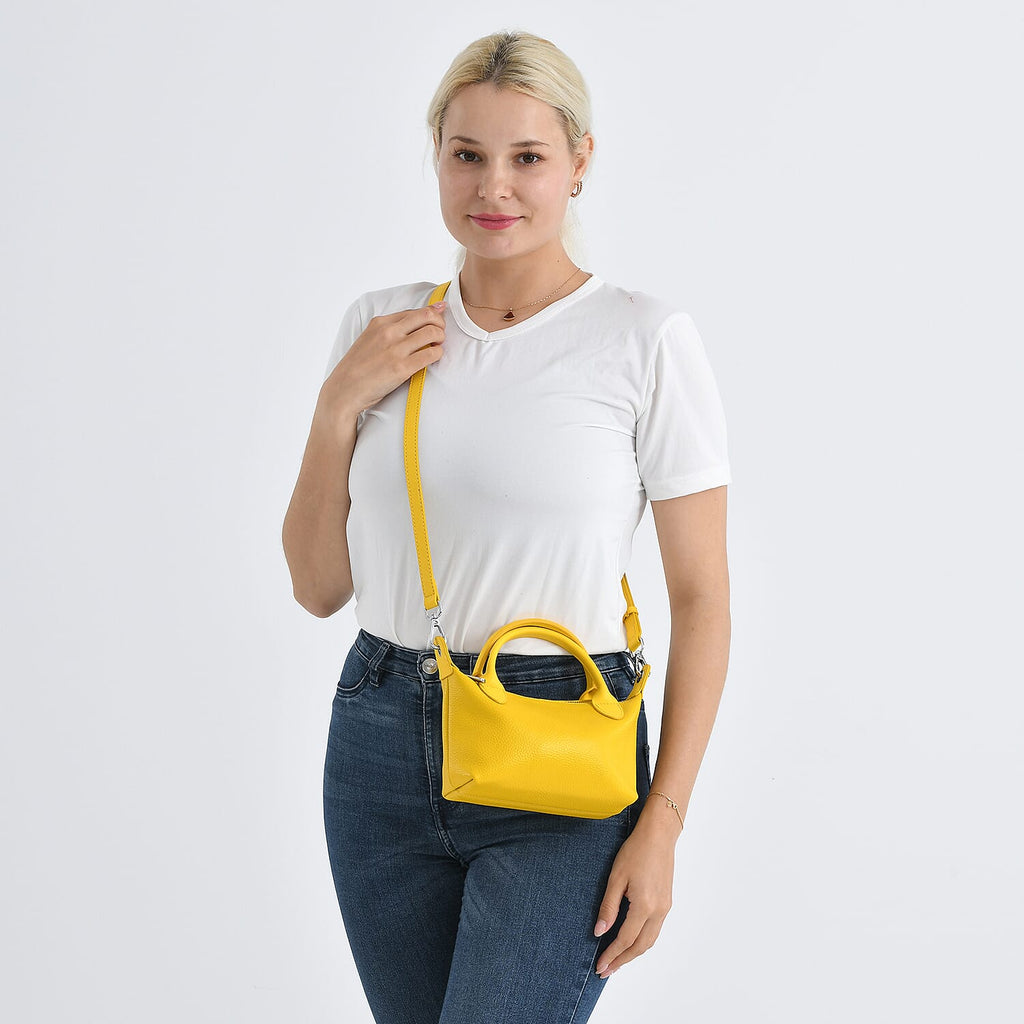 Designer Inspired Genuine Leather Mini Crossbody Bag with Top Handle - Yellow