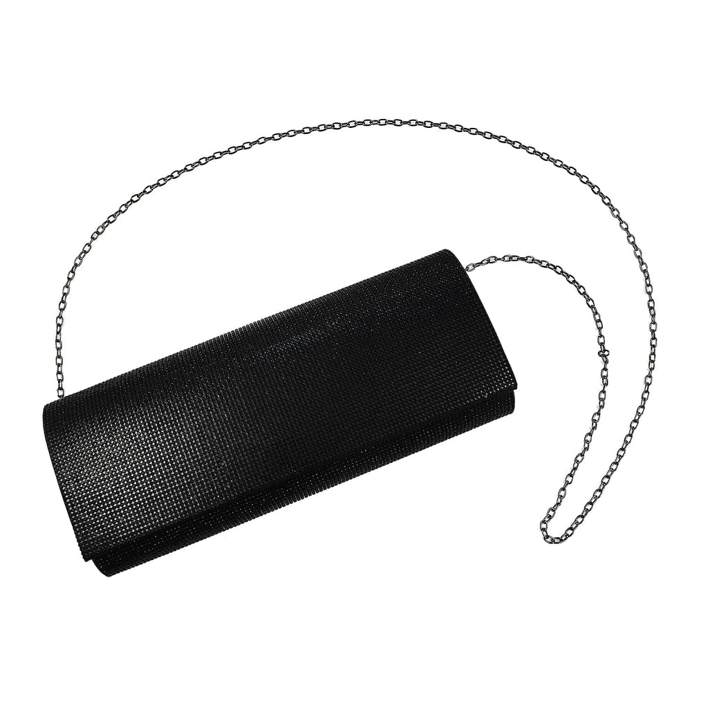 Crystal Clutch Bag with Exterior Pocket - Shoulder Strap - Black