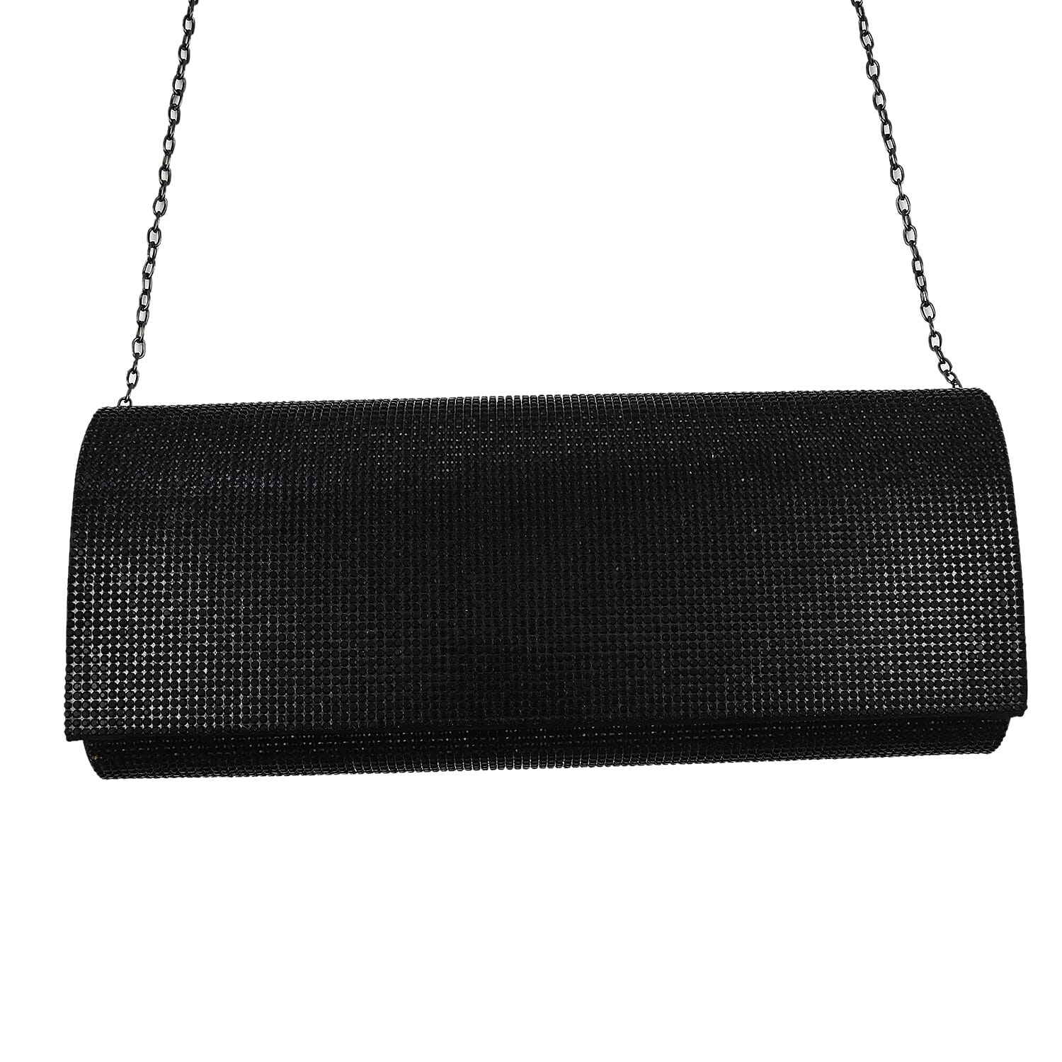 Crystal Clutch Bag with Exterior Pocket - Shoulder Strap - Black