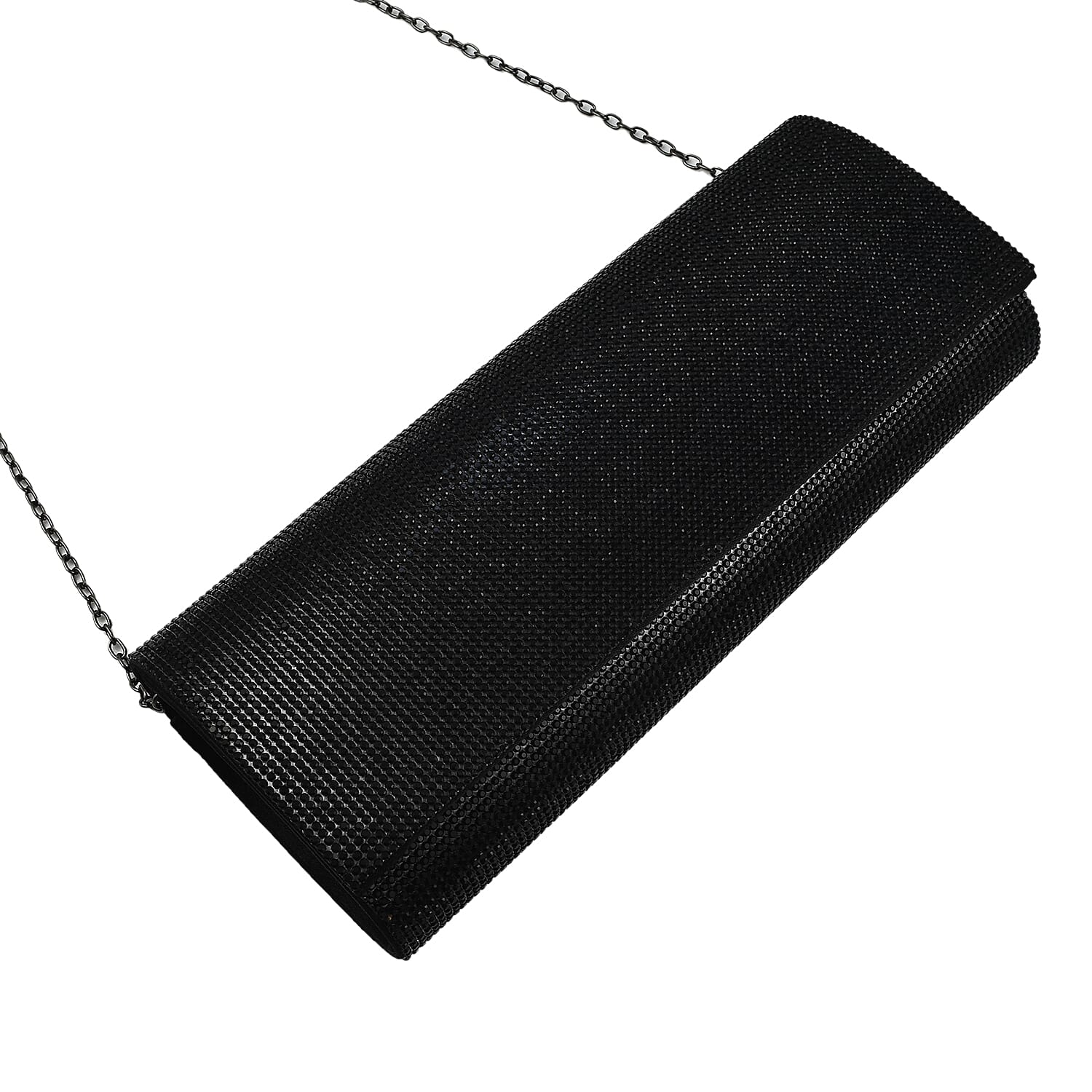 Crystal Clutch Bag with Exterior Pocket - Shoulder Strap - Black