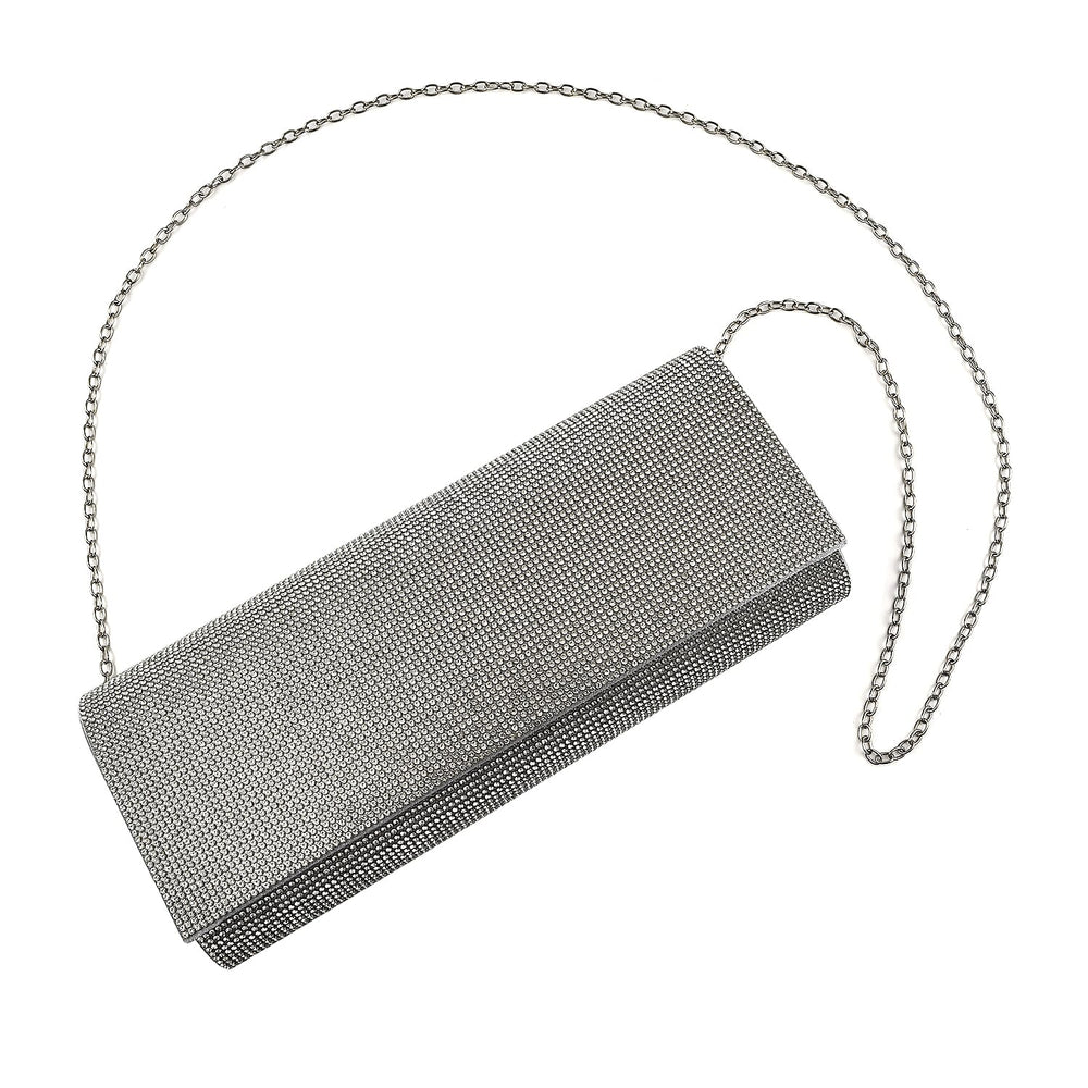 Crystal Clutch Bag with Exterior Pocket - Shoulder Strap - Silver
