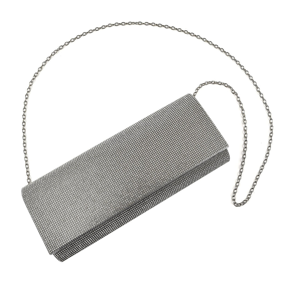 Crystal Clutch Bag with Exterior Pocket - Shoulder Strap - Silver