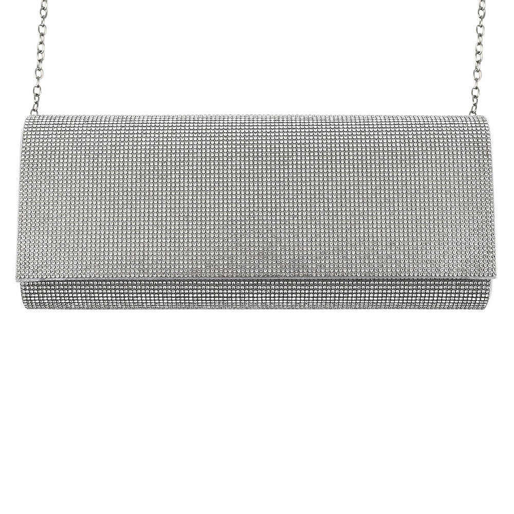 Crystal Clutch Bag with Exterior Pocket - Shoulder Strap - Silver