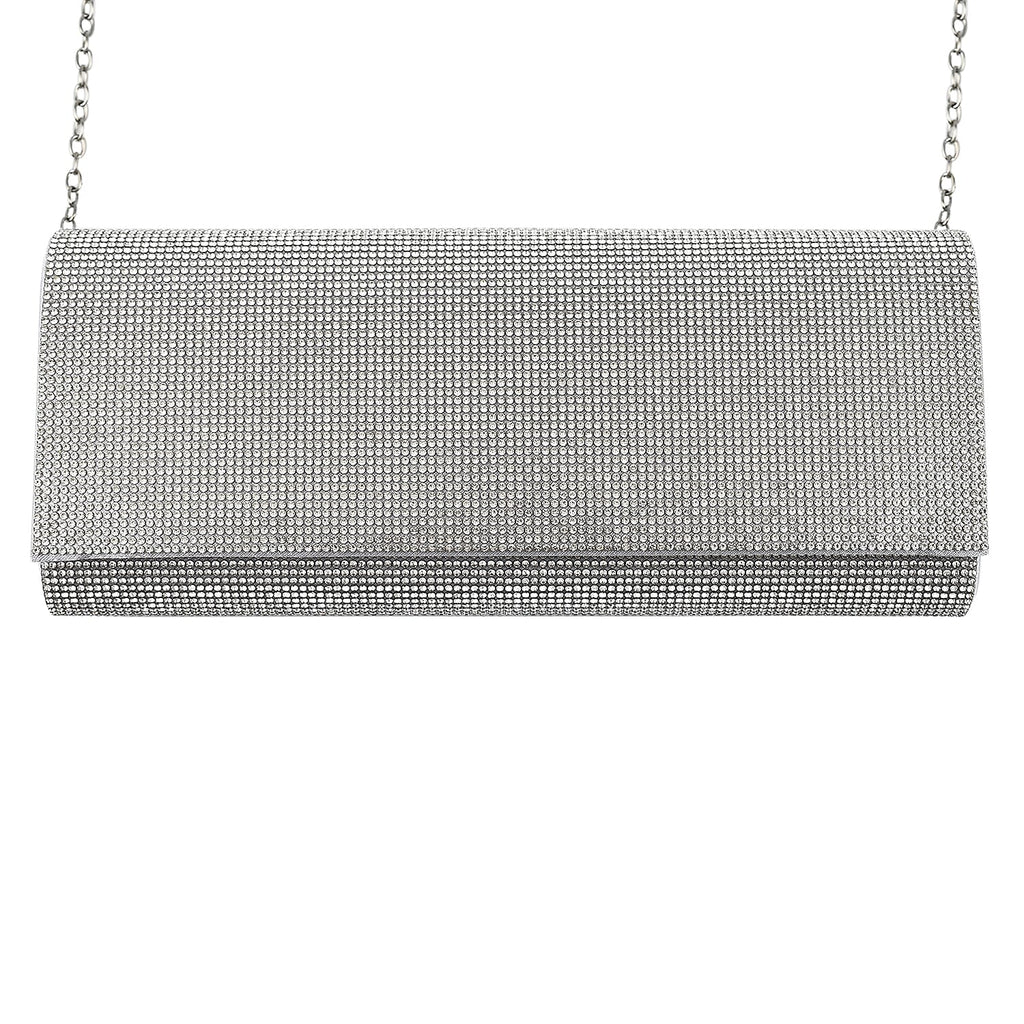 Crystal Clutch Bag with Exterior Pocket - Shoulder Strap - Silver