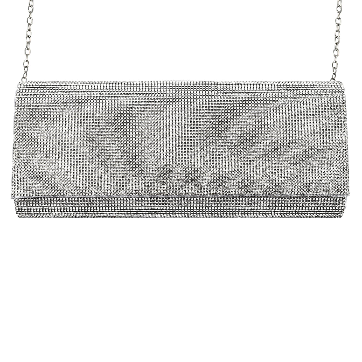 Crystal Clutch Bag with Exterior Pocket - Shoulder Strap - Silver