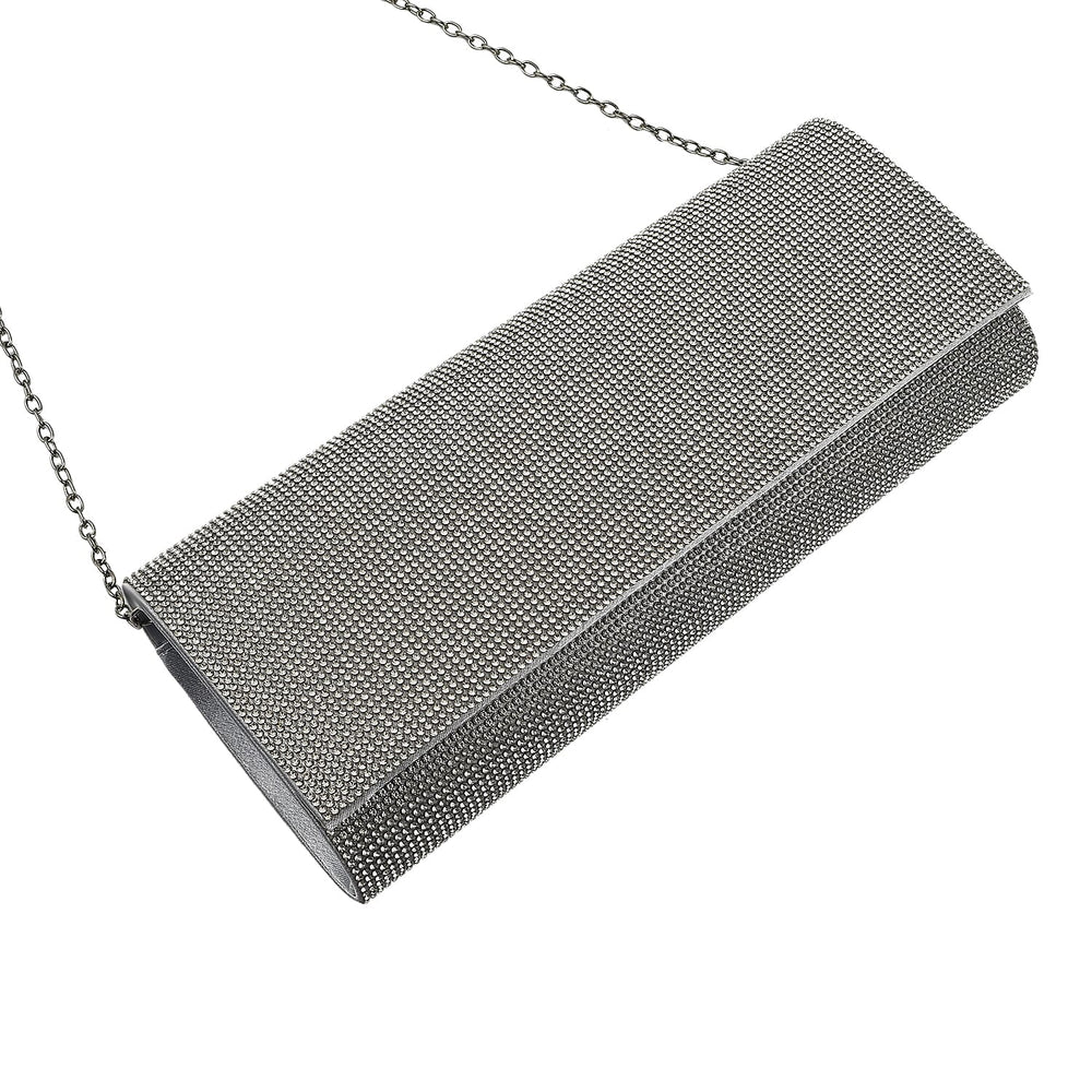 Crystal Clutch Bag with Exterior Pocket - Shoulder Strap - Silver