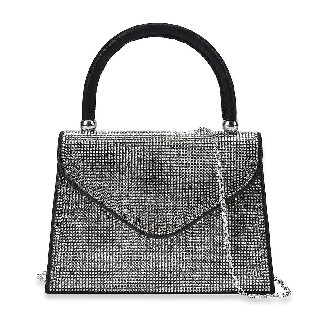 Crystal Patterned Clutch Bag with Long Chain Strap - Black