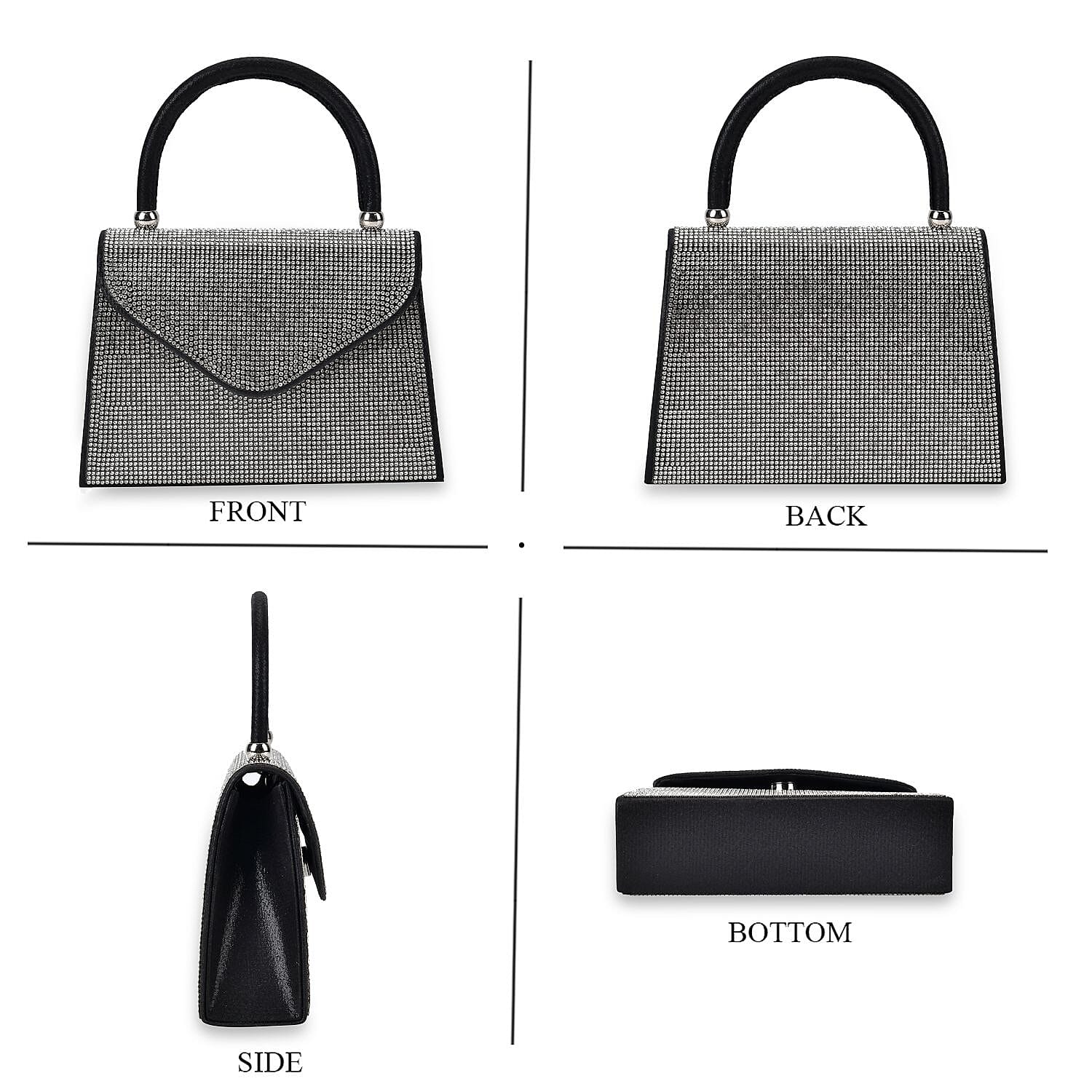 Crystal Patterned Clutch Bag with Long Chain Strap - Black