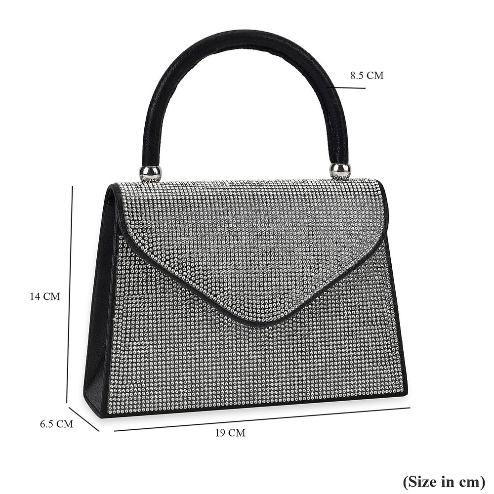 Crystal Patterned Clutch Bag with Long Chain Strap - Black