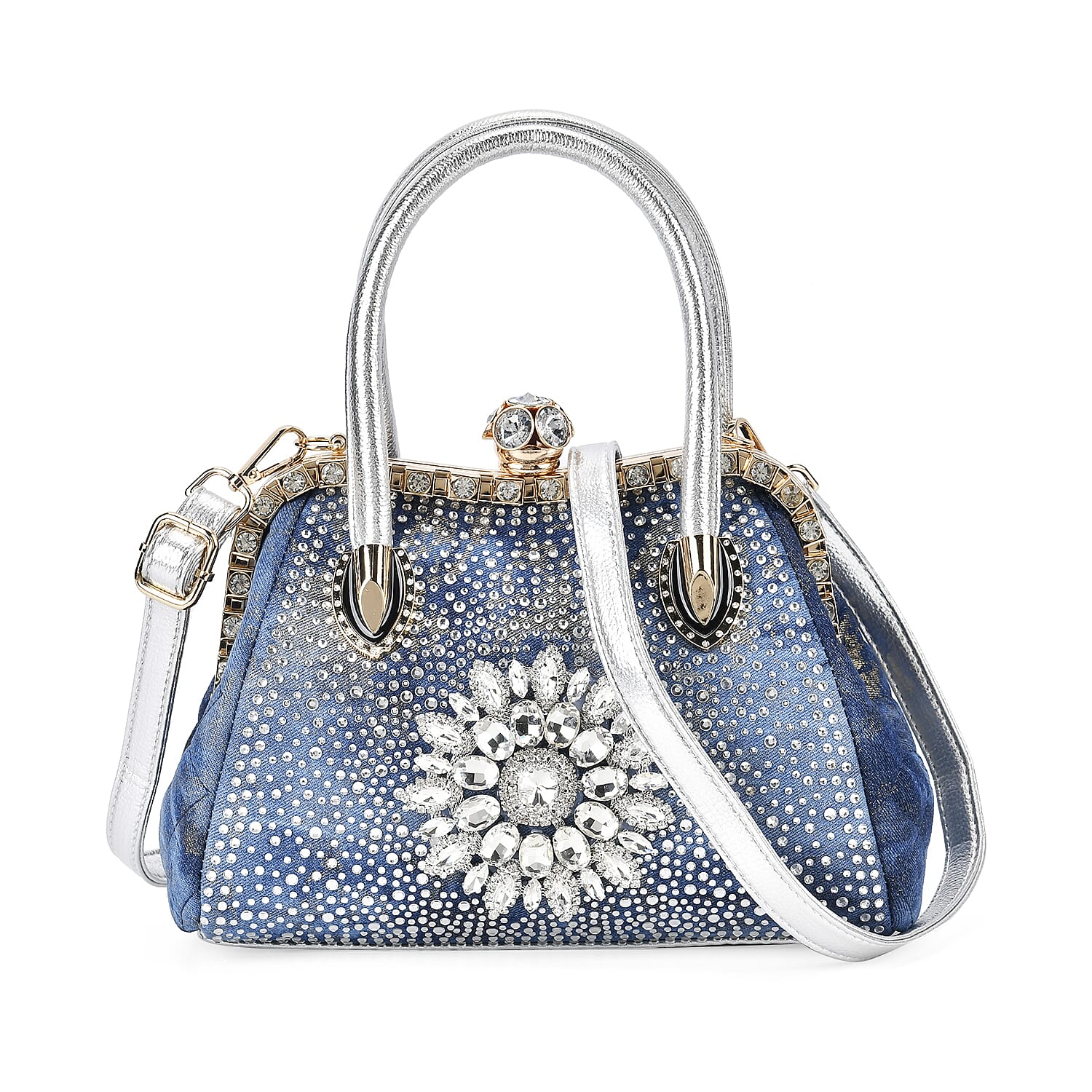 Crystal Floral Pattern Crossbody Bag with Handle Drop - Blue