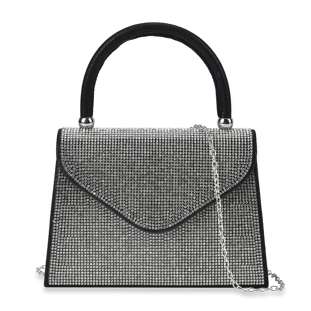 Crystal Patterned Clutch Bag with Long Chain Strap - Black