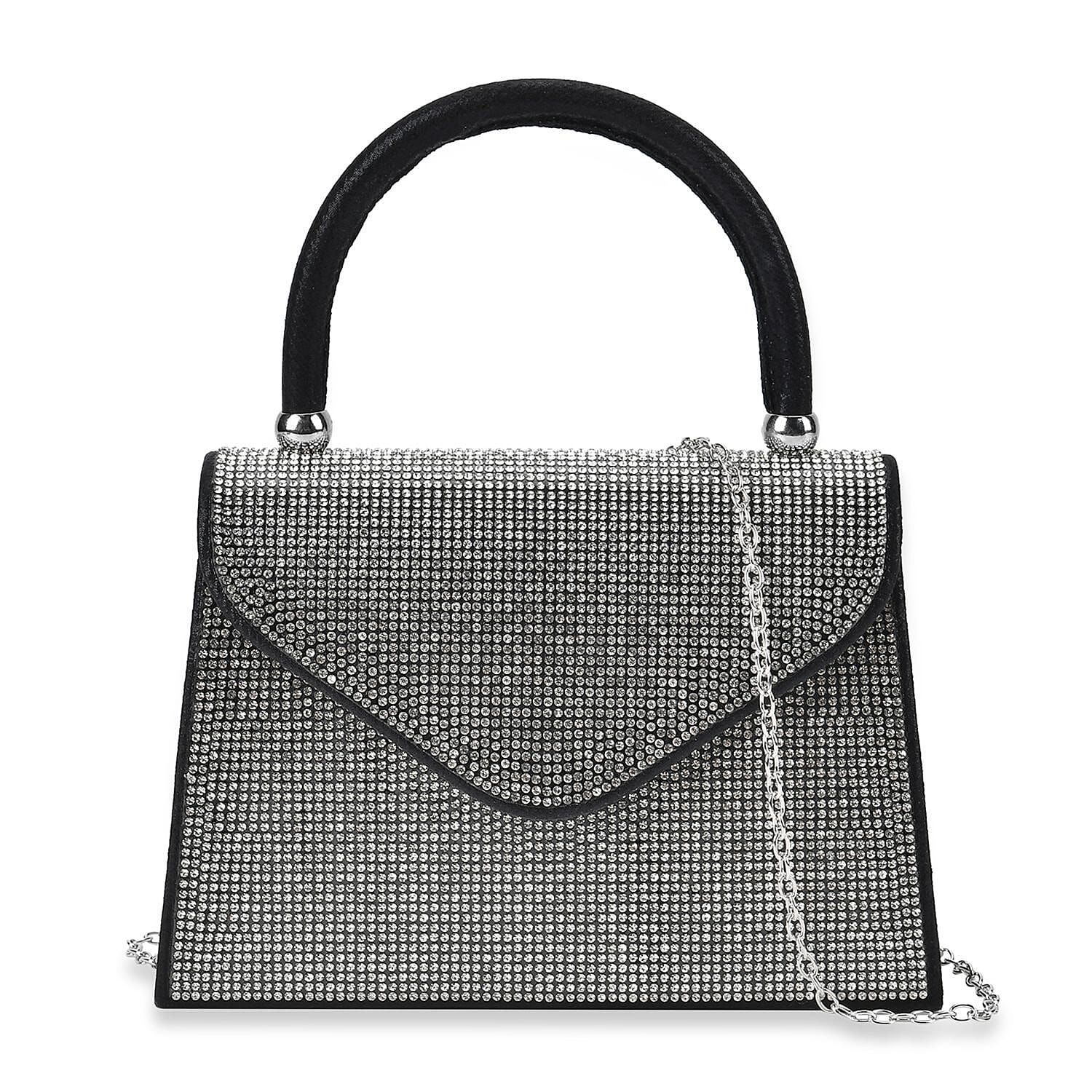 Crystal Patterned Clutch Bag with Long Chain Strap - Black