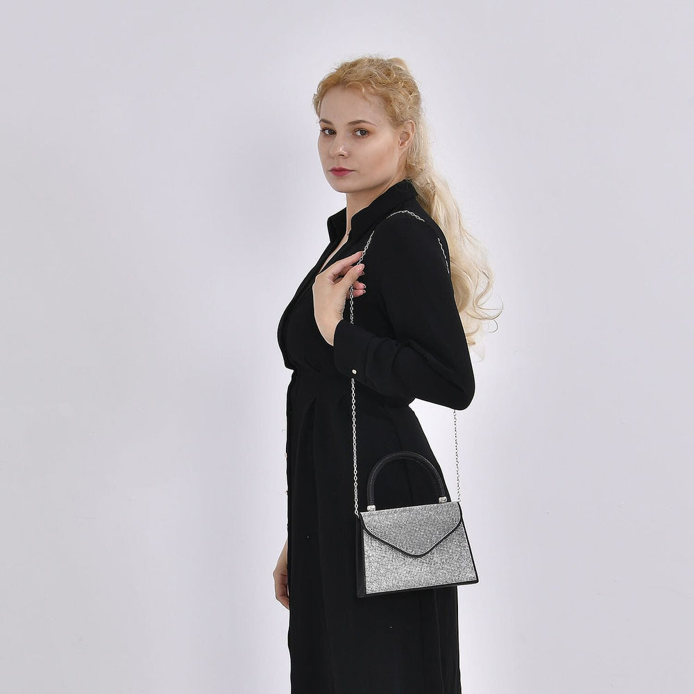 Crystal Patterned Clutch Bag with Long Chain Strap - Black