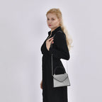 Crystal Patterned Clutch Bag with Long Chain Strap - Black