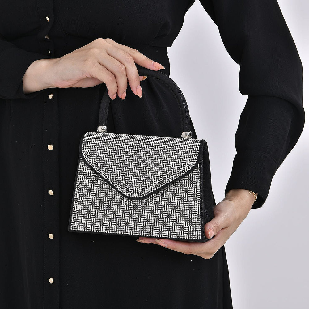Crystal Patterned Clutch Bag with Long Chain Strap - Black