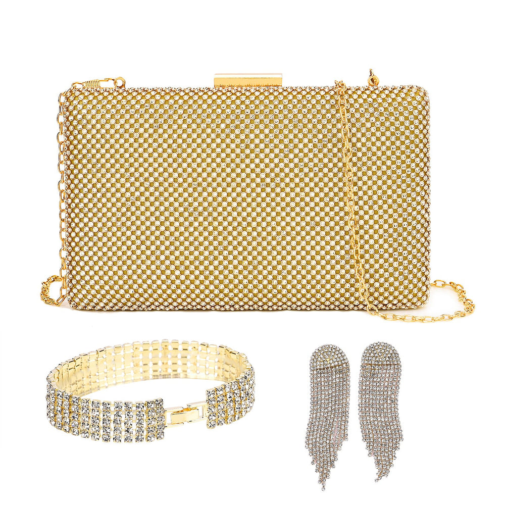 3 Pieces Crystal Accessory Set - Crystal Patterned Clutch, Sparkling Bracelet and Dangling Earrings (Size 21x11x1 cm) - Golden