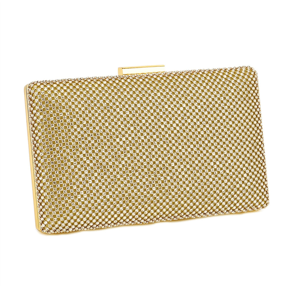 3 Pieces Crystal Accessory Set - Crystal Patterned Clutch, Sparkling Bracelet and Dangling Earrings (Size 21x11x1 cm) - Golden