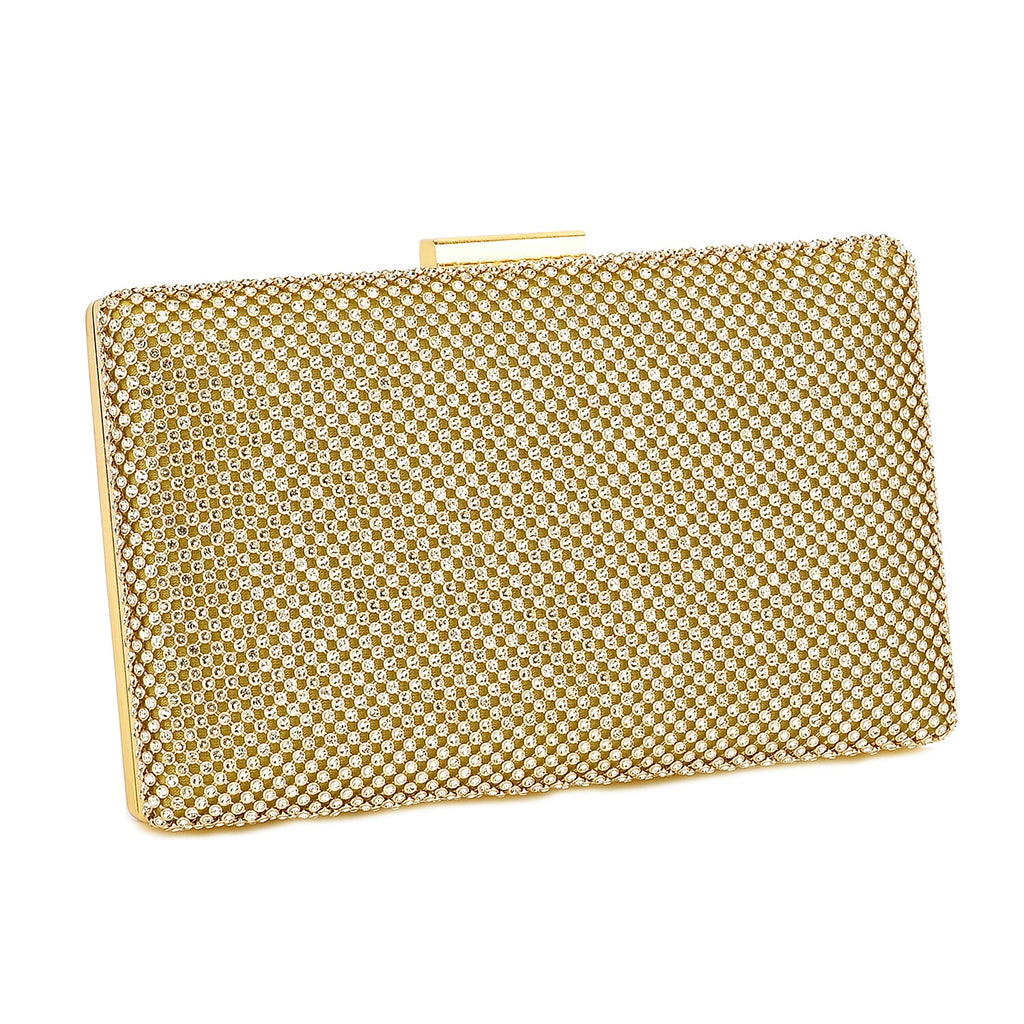 3 Pieces Crystal Accessory Set - Crystal Patterned Clutch, Sparkling Bracelet and Dangling Earrings (Size 21x11x1 cm) - Golden