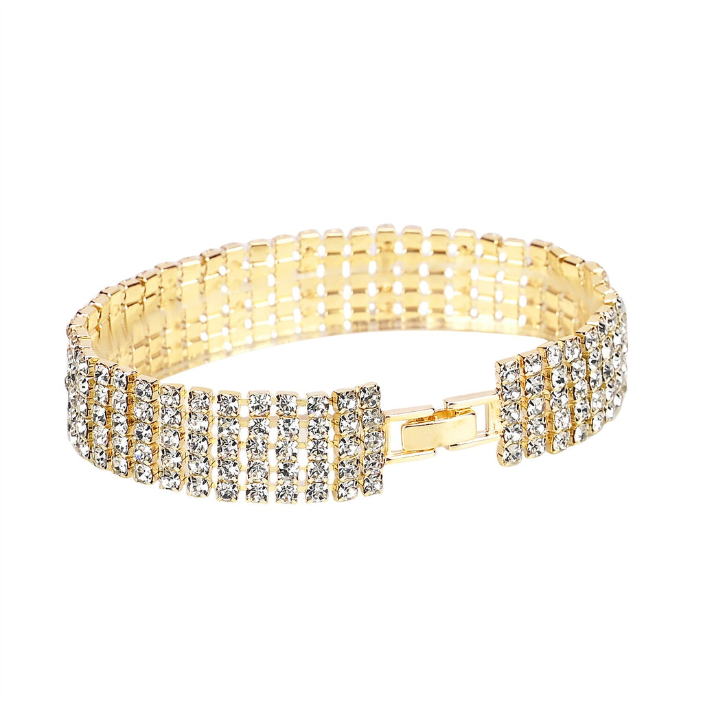 3 Pieces Crystal Accessory Set - Crystal Patterned Clutch, Sparkling Bracelet and Dangling Earrings (Size 21x11x1 cm) - Golden