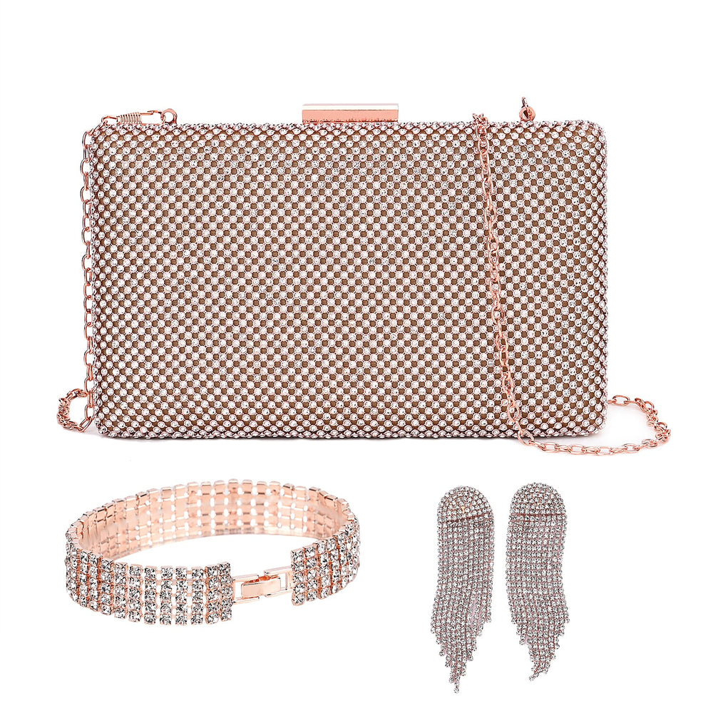 3 Pieces Crystal Accessory Set - Crystal Patterned Clutch, Sparkling Bracelet and Dangling Earrings (Size 21x11x1 cm) - Rose