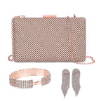 3 Pieces Crystal Accessory Set - Crystal Patterned Clutch, Sparkling Bracelet and Dangling Earrings (Size 21x11x1 cm) - Rose