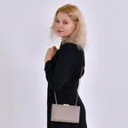 3 Pieces Crystal Accessory Set - Crystal Patterned Clutch, Sparkling Bracelet and Dangling Earrings (Size 21x11x1 cm) - Rose