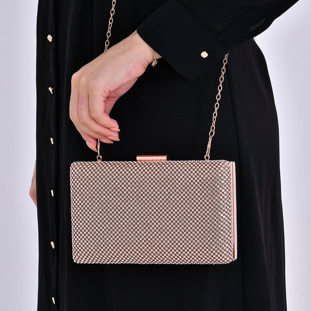 3 Pieces Crystal Accessory Set - Crystal Patterned Clutch, Sparkling Bracelet and Dangling Earrings (Size 21x11x1 cm) - Rose