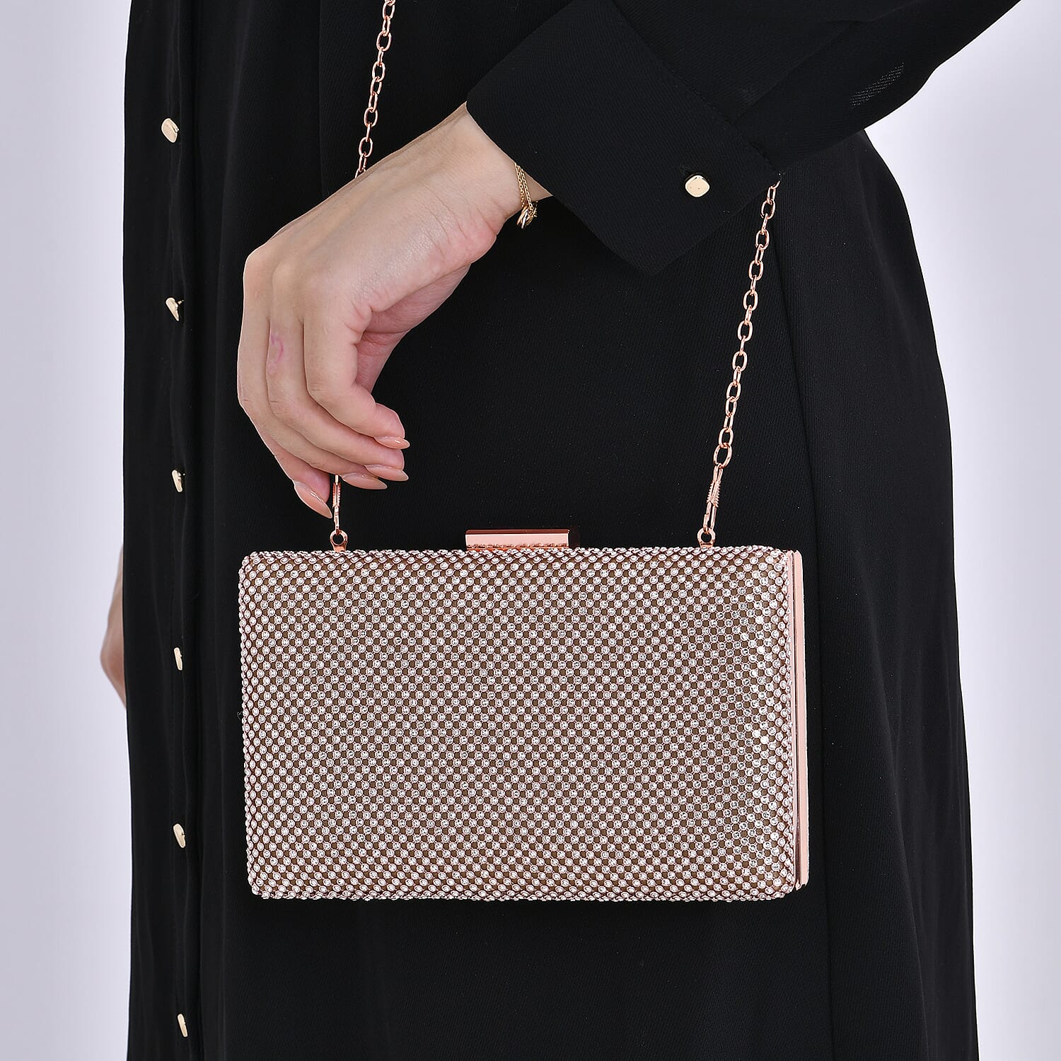 3 Pieces Crystal Accessory Set - Crystal Patterned Clutch, Sparkling Bracelet and Dangling Earrings (Size 21x11x1 cm) - Rose