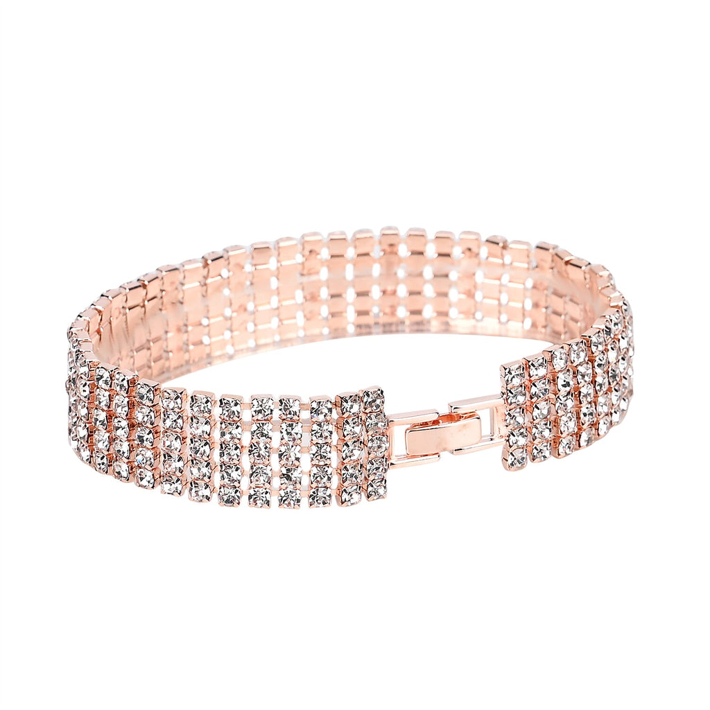 3 Pieces Crystal Accessory Set - Crystal Patterned Clutch, Sparkling Bracelet and Dangling Earrings (Size 21x11x1 cm) - Rose