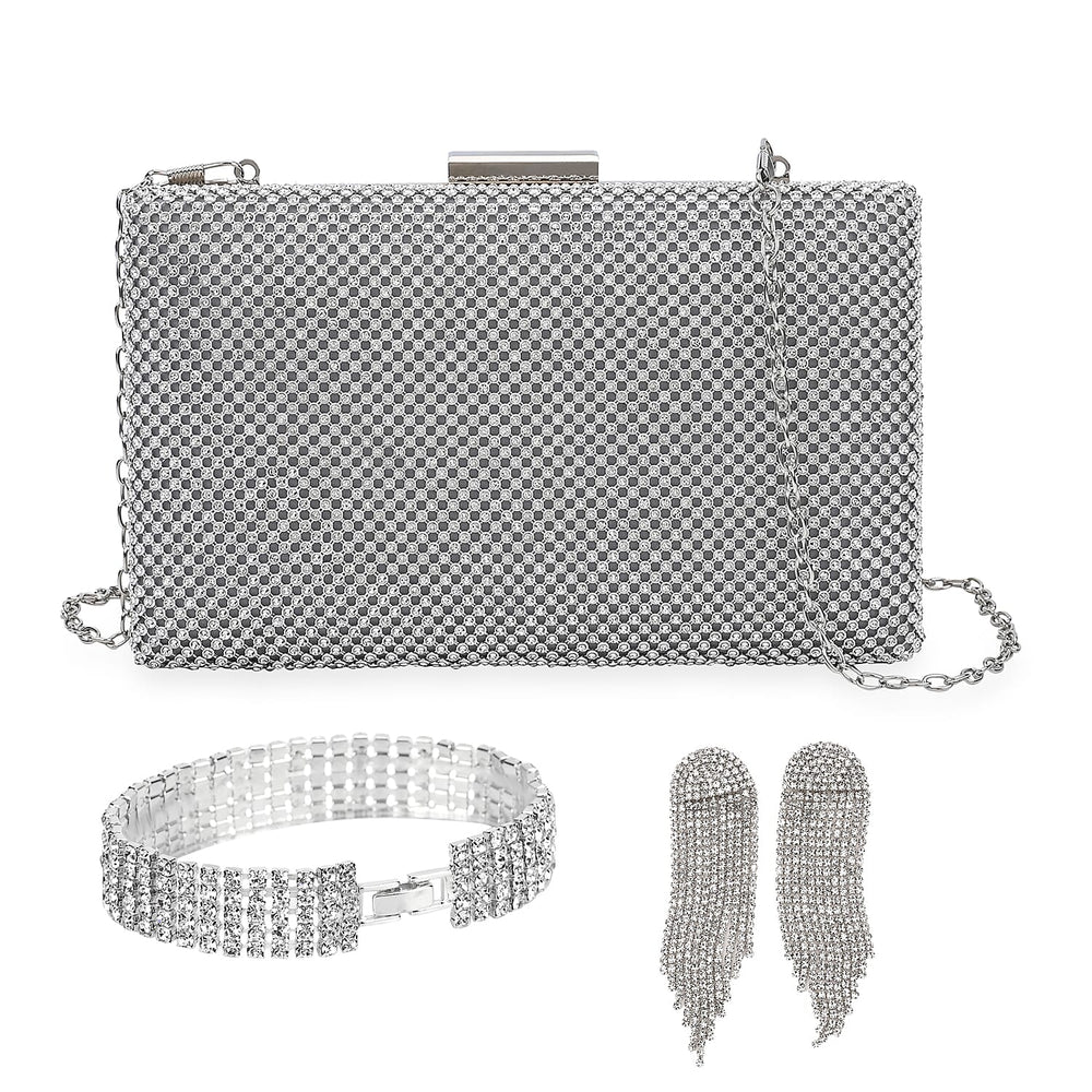 3 Pieces Crystal Accessory Set - Crystal Patterned Clutch, Sparkling Bracelet and Dangling Earrings (Size 21x11x1 cm) - Silver