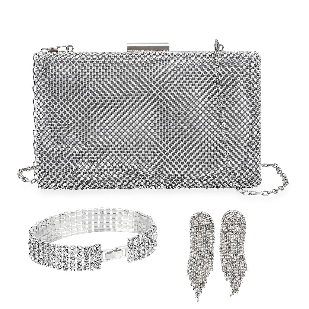 3 Pieces Crystal Accessory Set - Crystal Patterned Clutch, Sparkling Bracelet and Dangling Earrings (Size 21x11x1 cm) - Silver