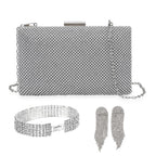 3 Pieces Crystal Accessory Set - Crystal Patterned Clutch, Sparkling Bracelet and Dangling Earrings (Size 21x11x1 cm) - Silver